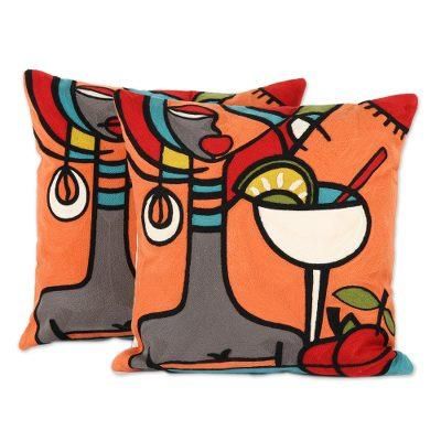'Margarita-Themed Embroidered Cotton Cushion Covers (Pair)'