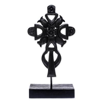 'Hand-Carved Floral Mango Wood Cross Sculpture from Thailand'