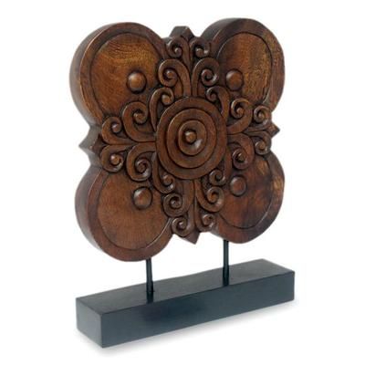 'Blossoming Shield' - Hand Carved Floral Wood Sculpture