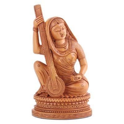 'Wood Sculpture of Meera Mirabai Hand-Carved in India'