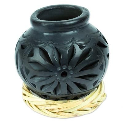 Oaxaca Pottery Blossom,'Mexican Barro Negro Decorative Vase with Floral Details'