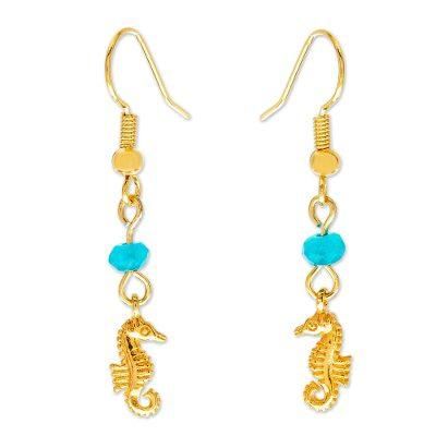 Baby Seahorse,'14K Gold Plated Seahorse Earrings with Agate Beads'