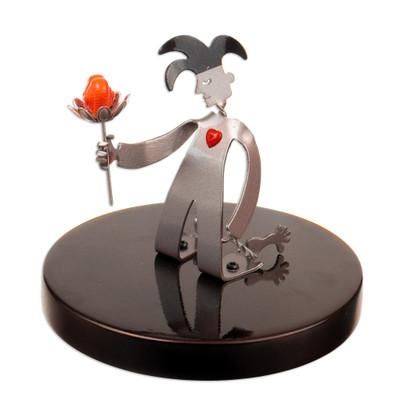 Love Harlequin,'Romantic Aluminum Sculpture of a Harlequin with a Wood Base'