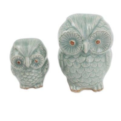 Celadon ceramic figurines, 'Little Light Blue Owls' (pair)