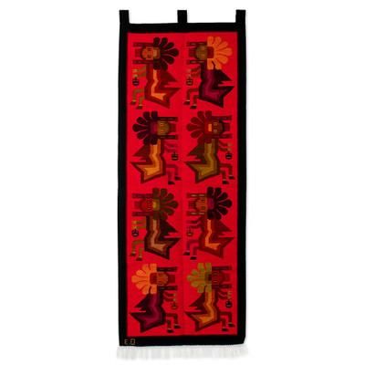 The Antarqui Myth,'Handloomed Cultural Wool Antarqui Tapestry in Red and Brown'