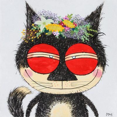 Flora Black Cat,'Signed Naif Painting of a Black Cat from Thailand'