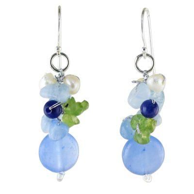 'Blue Quartz Multi-Gemstone Dangle Earrings from Thailand'