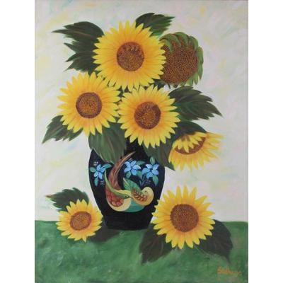 Sunflower Splendor,'Sunflower Bouquet Oil on Canvas Painting from India'