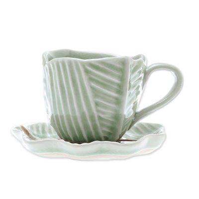 Tea Leaf,'Leaf-Themed Celadon Ceramic Teacup and Saucer from Thailand'