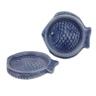 Ocean Blue Fish,'Authentic Deep Blue Thai Celadon Ceramic Coasters (Pair)'