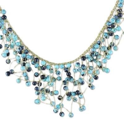 Fantasy Rain in Blue,'Glass Beaded Waterfall Necklace in Blue from Thailand'