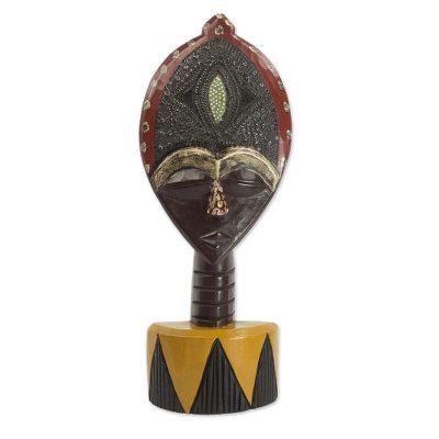 Biakoye Mask,'Ghanaian Sese Wood Mask Sculpture with Aluminum Plating'