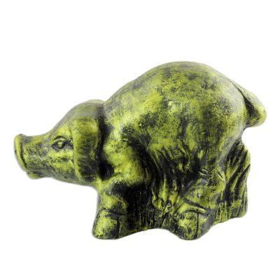 Crouching Pig,'Ceramic Sculpture of a Yellow Pig from Ghana'
