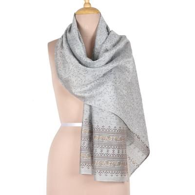 Ash Elegance,'Handloomed Cotton Blend Ash Shawl with Printed Leafy Details'