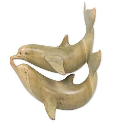 Dolphins in Love,'Balinese Hand Carved Dolphin Wood Sculpture'