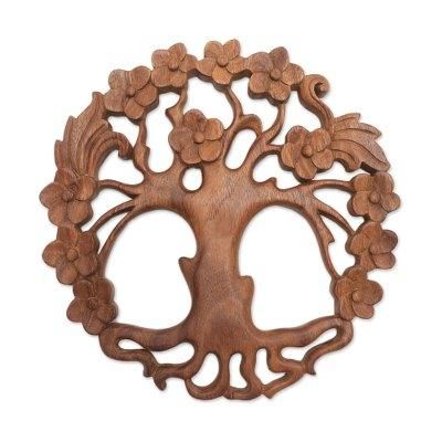 Tree of Beauty,'Circular Tree-Themed Suar Wood Relief Panel from Bali'