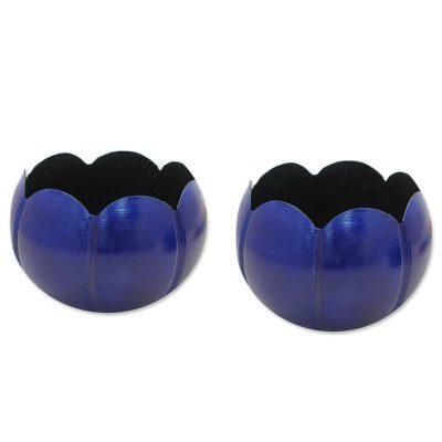 Royal Scallop,'Antiqued Royal Blue Steel Tealight Holders (Pair)'