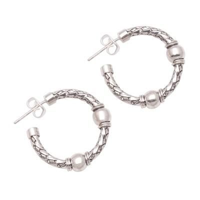 'Weave Pattern Sterling Silver Half-Hoop Earrings from Bali'
