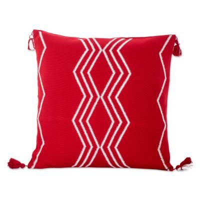 Red Directions,'Handloomed Geometric Red and White Cotton Cushion Cover'