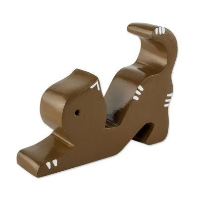 Stretching Cat in Brown,'Handmade Cedar Wood Cat Phone Holder'