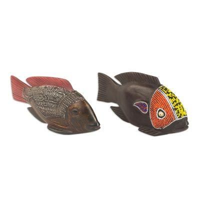 'African Tilapia Fish' (pair) - Beaded Wood Sculptures