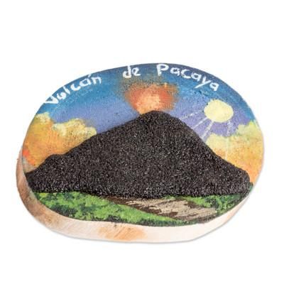 Pacaya Volcano,'Handmade Painted Coffee Tree Wood Magnet with Petrified Lava'