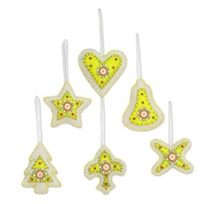 Christmas Party in Citron,'Set of Six Beaded Christmas Ornaments in Citron and White'