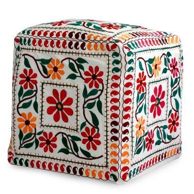 Barmer Blooms,'Multicolored Embroidery Square Ottoman Cover'