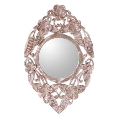 'Hand-Carved Wood Round Floral Wall Mirror from Bali'