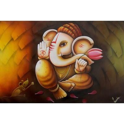 'Vinayak, Granter of Wishes' Acrylic and Oil Original Painting of Hindu Deity Ganesha
