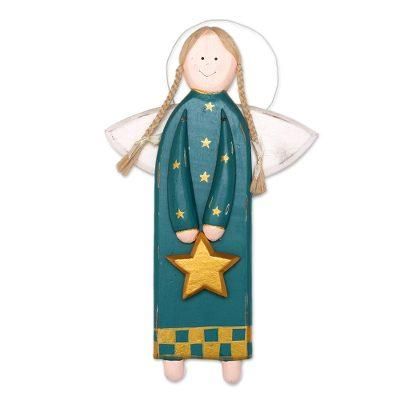 Folk Art Angel in Green,'Green and Gold Wooden Angel Ornament'