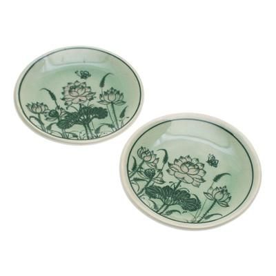 'Pair of Celadon Ceramic Saucers Hand-Crafted in Thailand'