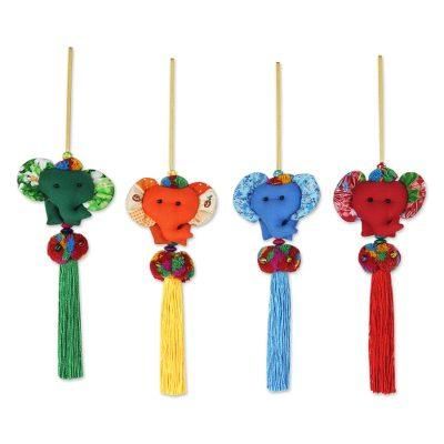 Happy Thai Elephants,'4 Artisan Crafted Multicolor Thai Cotton Elephant Ornaments'