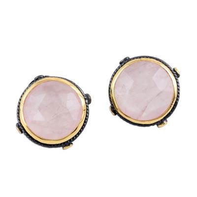 '18k Gold-Accented Button Earrings with Natural Rose Quartz'