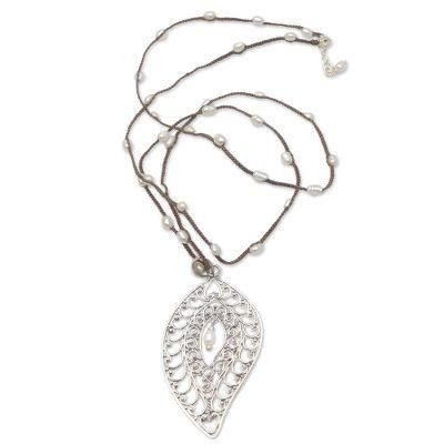 Miana Leaves,'Sterling Silver and Cultured Pearl Pendant Necklace'