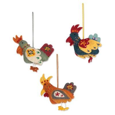 Three French Hens,'Handmade Wool Felt Ornaments (Set of 3)'