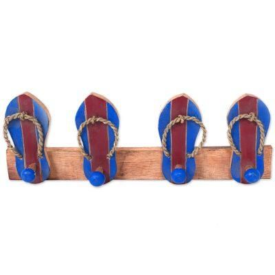 Flip Flops in Maroon and Blue,'Hand Carved Wood Coat Rack Agel Grass from Indonesia'