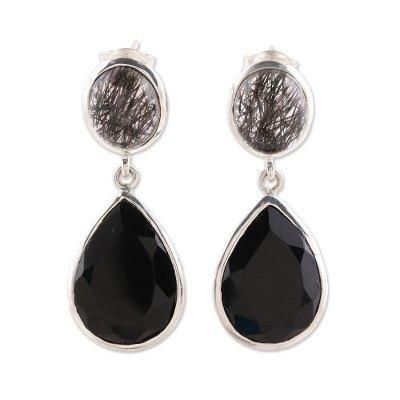 Alluring Onyx,'Black Onyx and Tourmalinated Quartz Dangle Earrings'
