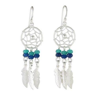 Dream Keeper,'Quartz and Sterling Silver Dream Catcher Dangle Earrings'