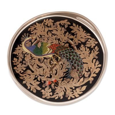 'Reverse-Painted Glass Peacock Tray in Silver from Peru'