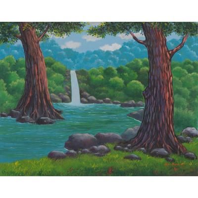 The Beauty of the River,'Acrylic on Canvas Landscape Painting of Waterfall from Java'