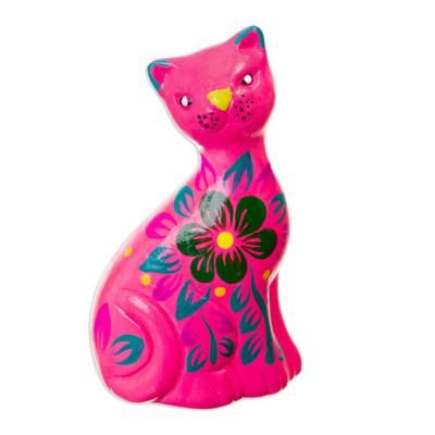 'Hand-Painted Pink Ceramic Cat Figurine with Floral Motif'