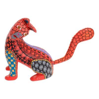 'Wood Cat Alebrije Figurine in Red Hand-Painted in Mexico'