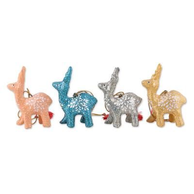 Celebration Reindeer,'Set of 4 Handmade Snowflake Reindeer Papier Mache Ornaments'