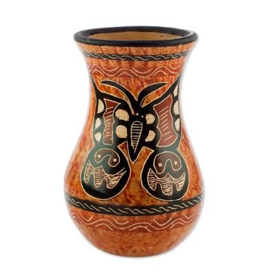 Beauty in the Breeze,'Orange and Brown Butterfly Chorotega Pottery Decorative Vase'