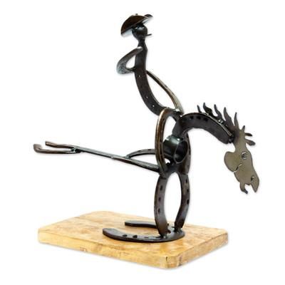 Equestrian Bottle,'Handcrafted Oak Wood and Horseshoe Bottle Holder from Mexico'