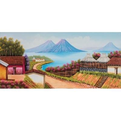 Guatemalan Roots,'Signed Landscape Painting of a Lakeside Village'