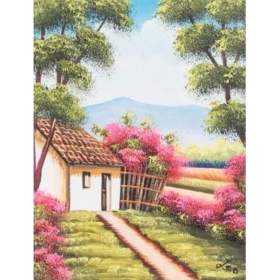 Magical Landscape,'Stretched Oil Impressionist Painting of House and Trees'