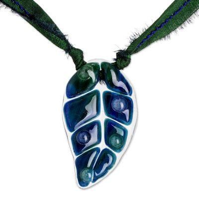 Blue Rain Forest Drop,'Dark Blue Glass Leaf Pendant Necklace with Ribbon'