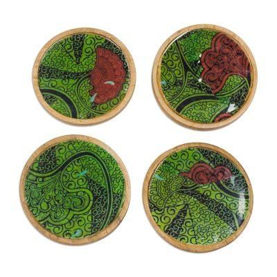 Green Ntoma,'Wood and Cotton Coasters in Green from Ghana (Set of 4)'